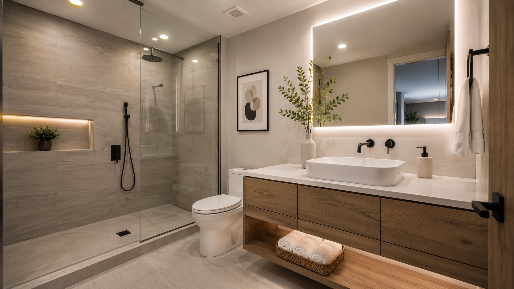 Finished basement bathroom with a frameless walk-in shower and a floating vanity
