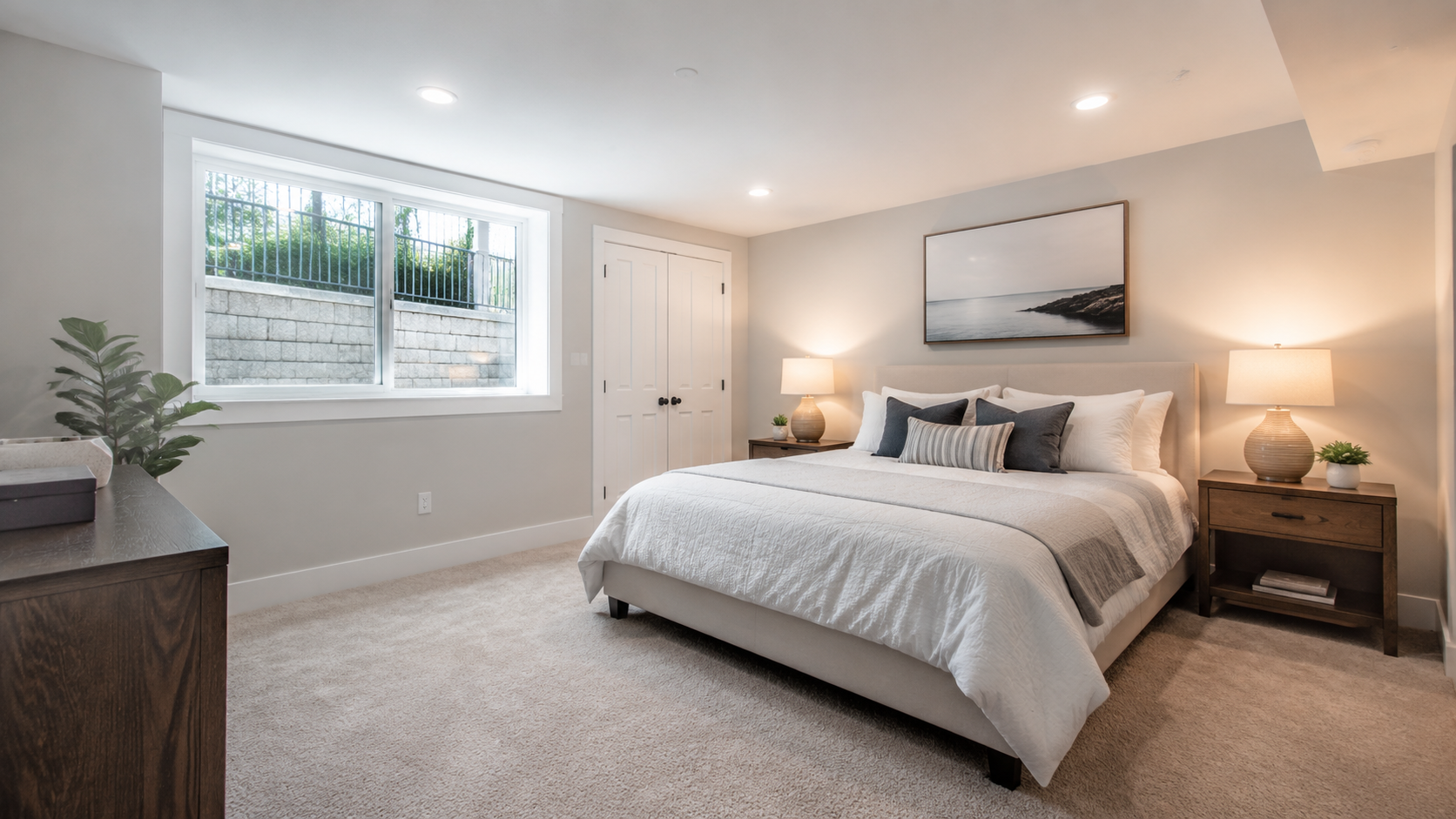 Bright basement bedroom with a large egress window and plush carpet