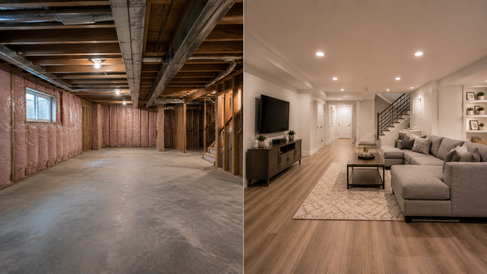 Before and after of a Utah basement, from unfinished concrete to finished living space