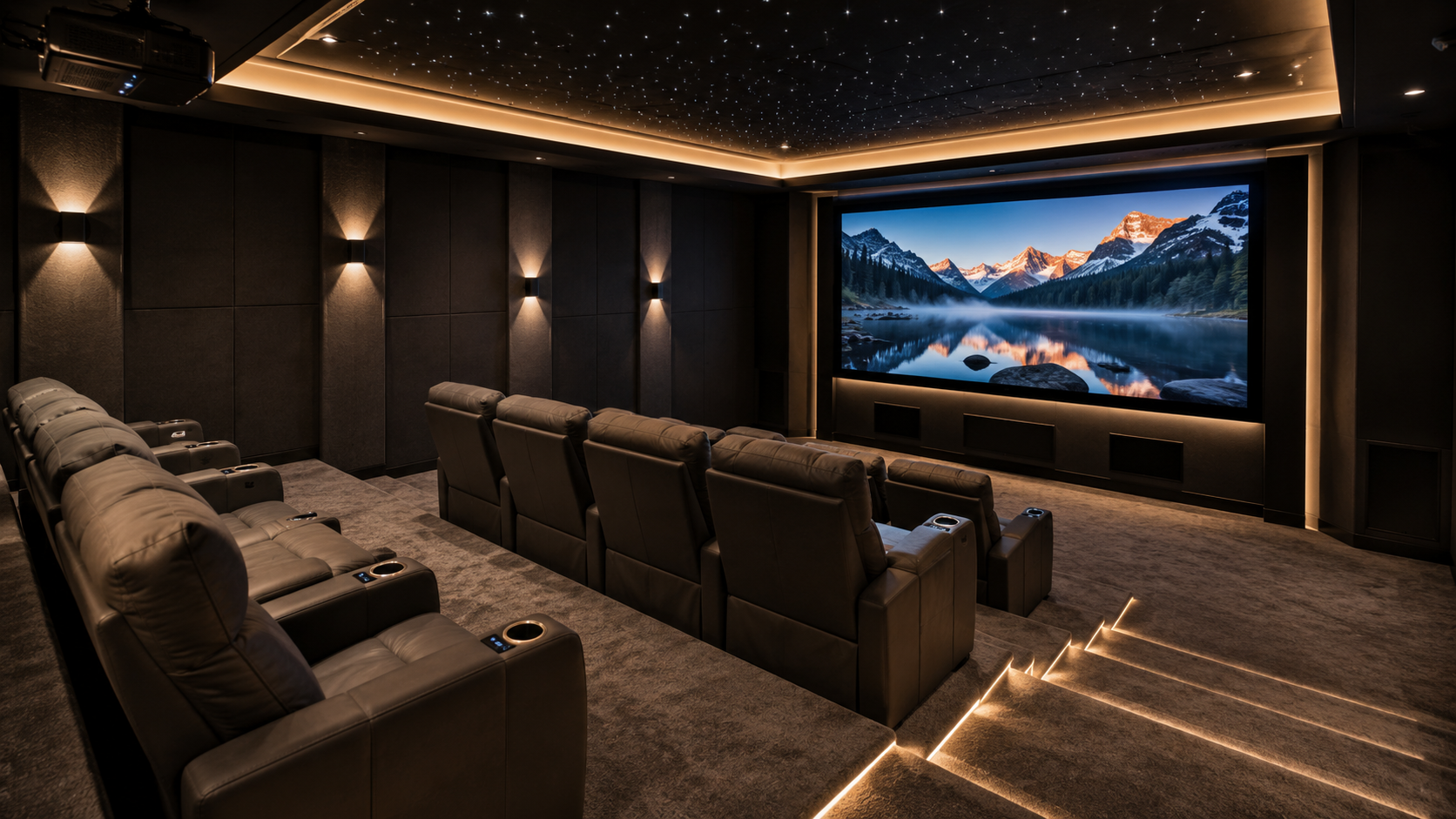 Custom basement home theater with tiered recliner seating and a projector screen