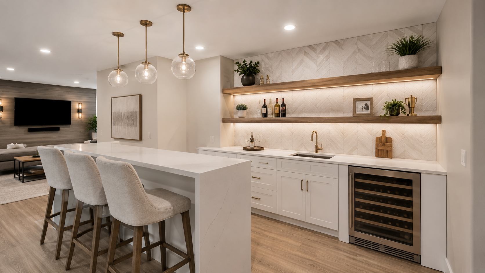 Modern basement wet bar with a quartz counter, bar stools, and floating shelves
