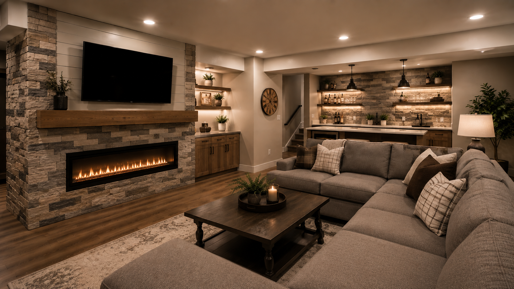 Finished basement lounge with a linear fireplace and a mounted TV