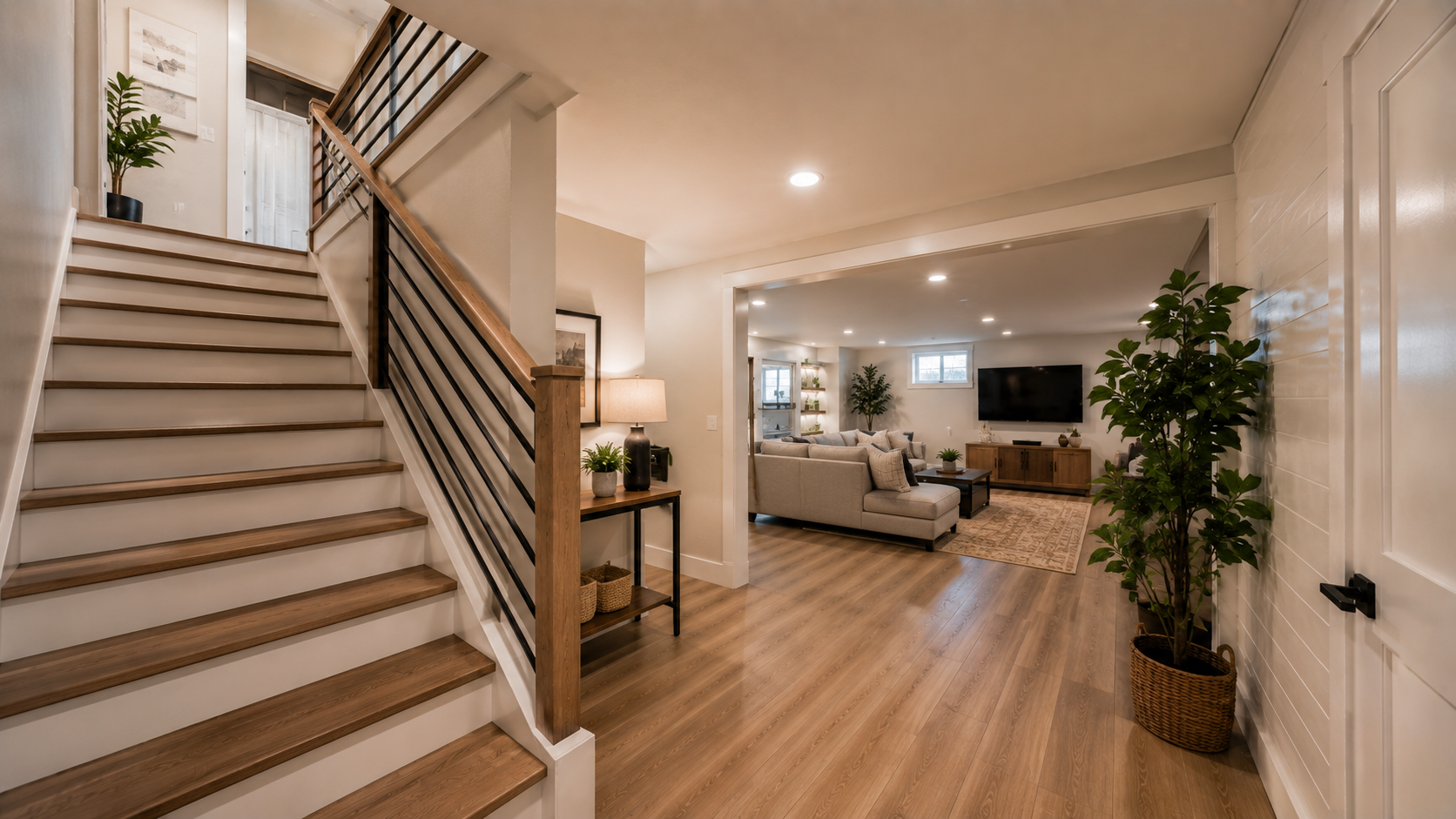 Finished basement staircase with a modern railing leading into a living area